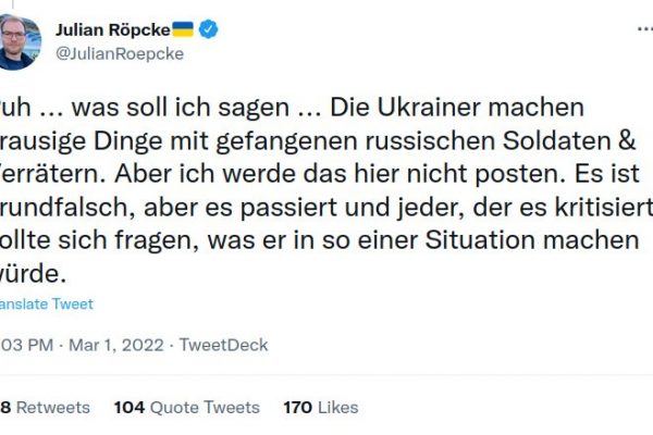 BILD-Journalist Röpcke vor Ort: „Die Ukrainer machen grausige Dinge mit gefangenen russischen Soldaten & Verrätern“ BILD-Journalist Röpcke vor Ort: „Die Ukrainer machen grausige Dinge mit gefangenen russischen Soldaten & Verrätern“