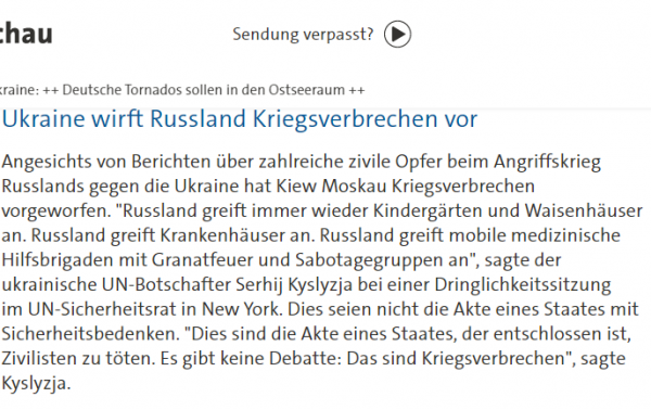 „Russland greift immer wieder Kindergärten und Waisenhäuser an. Russland greift Krankenhäuser an. Russland greift mobile medizinische Hilfsbrigaden mit Granatfeuer und Sabotagegruppen an“, sagte der ukrainische UN-Botschafter Serhij Kyslyzja „Russland greift immer wieder Kindergärten und Waisenhäuser an. Russland greift Krankenhäuser an. Russland greift mobile medizinische Hilfsbrigaden mit Granatfeuer und Sabotagegruppen an“, sagte der ukrainische UN-Botschafter Serhij Kyslyzja