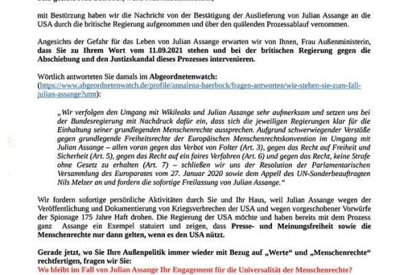 Offener Brief aus Schwerin an Außenministerin Baerbock bezüglich Julian Assange