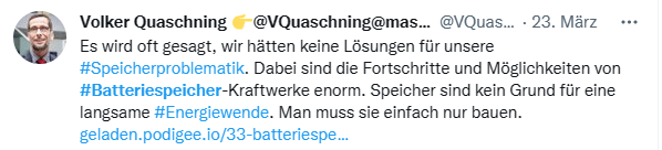 Wenn Kosten überhaupt keine Rolle spielen, wird alles zur Lösung, auch Batteriespeicher
