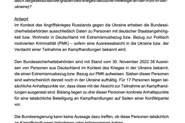 Bundesregierung zu ausgereisten deutschen Extremisten: „Der überwiegende Teil dieser Personen sympathisiert mit der ukrainischen Seite“