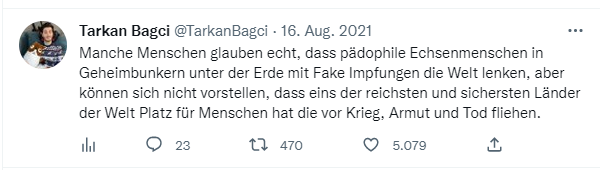 Tarkan Bagci von der Kindersendung „Wissen macht Ah!“ hetzt gegen Regimekritiker: „Manche Menschen glauben echt, dass pädophile Echsenmenschen in Geheimbunkern unter der Erde mit Fake Impfungen die Welt lenken“